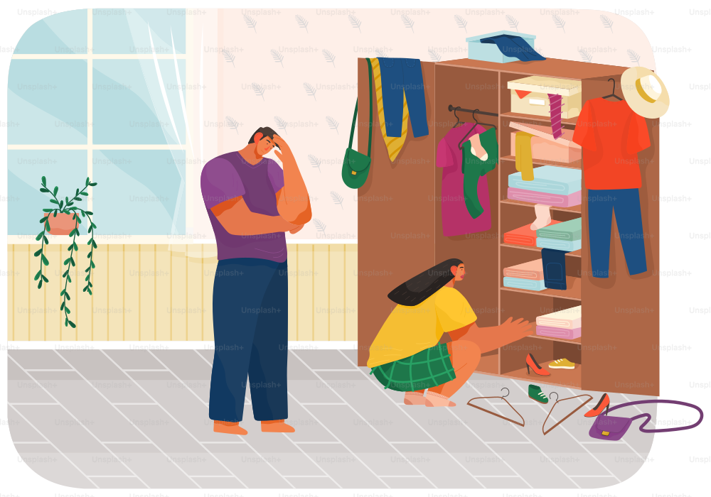 Family doing housework, couple man and woman clean house, washing clothes and putting clothes in wardrobe or closet. Tired guy holding his head in his hand and active girl. Cleaning, household chores