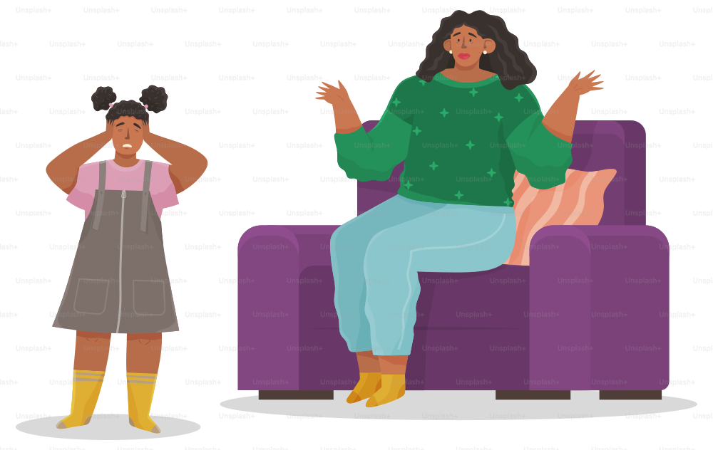 Parent adolescent conflict concept in flat design. Mother scolds daughter teeneger. Problem of upbringing kids. Family conflict, naughty rough daughter. Mom talks to disobedient girl, young tartar