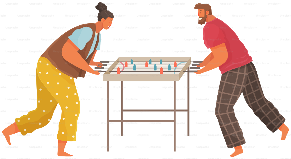 Cheerful couple plays board game. Joyful man and woman play table football together at home in room near stairs. Home activities and entertainment. People with game spend time playing football