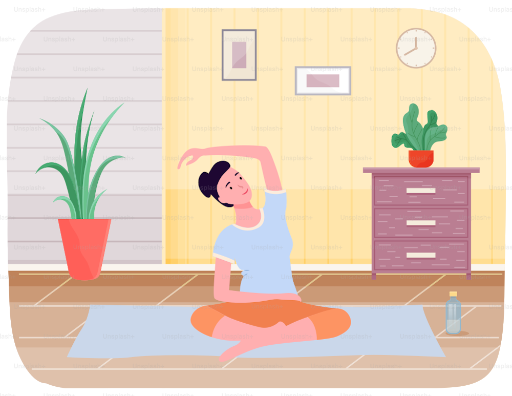 Woman is exercising yoga at home. Meditation practice and body work. Breathing exercise workout. Healthy lifestyle concept. Girl is doing stretching exercise in apartment vector illustration