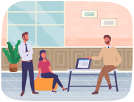 Office staff, work and communication. Head and subordinates. Various workers, managers team. Business employees on their workspace. Office workers. Co-workers. Colleagues discuss project teamwork