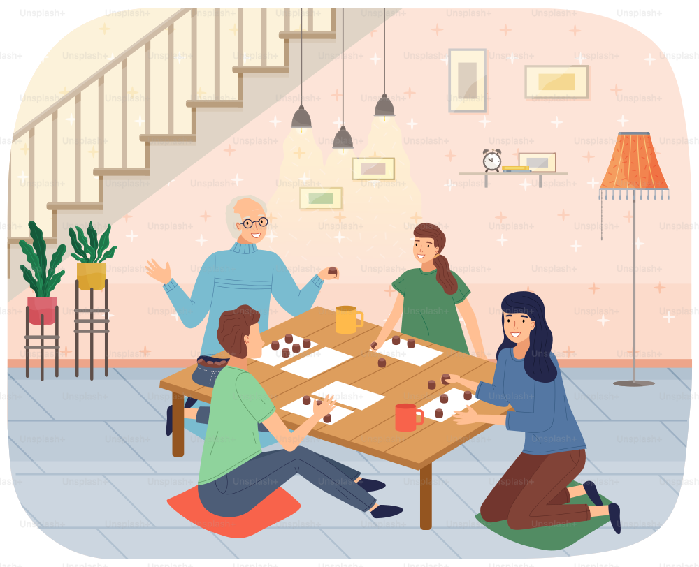 행복한 가족 어머니 딸 조부모님은 테이블에 앉아 보드 게임이나 탁상 게임 로또를 하고 집에서 함께 시간을 보냅니다. 가족의 즐거움. 성인과 어린이를 위한 실내 엔터테인먼트