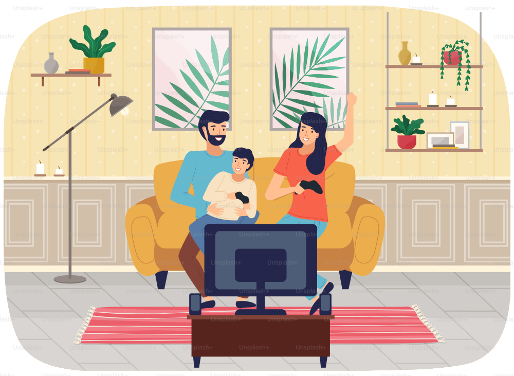 Familia jugando videojuegos. Mamá, papá e hijo jugando con el controlador del gamepad, sosteniendo el joystick en las manos, pasan tiempo juntos en casa. Personas sentadas en el sofá frente al monitor y jugando juegos de computadora