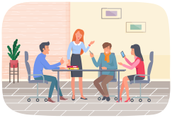 Meeting business people. Teamwork, conversation in office at table. Businessmen discuss company s business strategy. Successful project execution, colleagues analyze indicators together, good deal