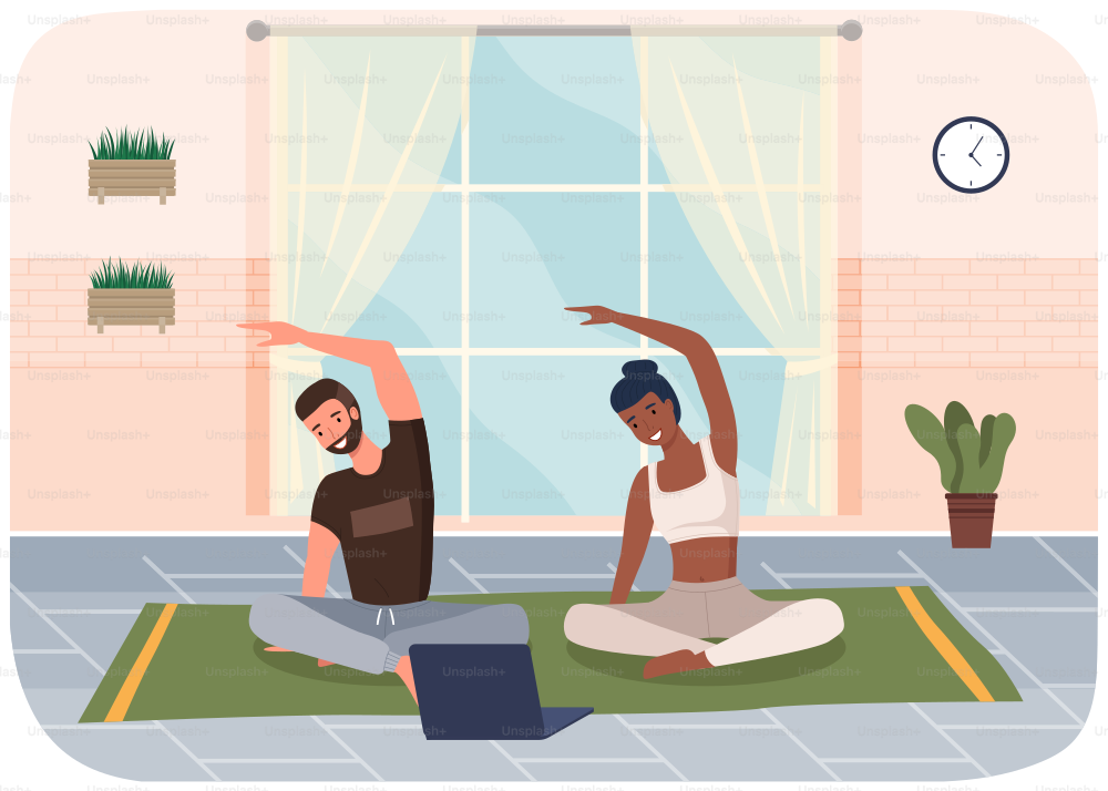 Woman doing yoga exercise. Young dark skinned fit girl sitting in lotus position. Female character taking care of her health, leads healthy lifestyle, doing relaxation exercises in living room