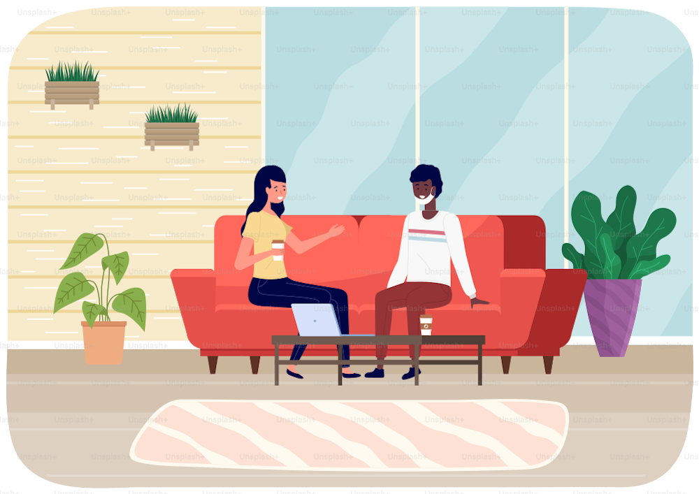 People are sitting on couch and communicating at home. Male character in protective mask looking at woman, safe conversation during quarantine. Girl and guy are drinking coffee and talking in office