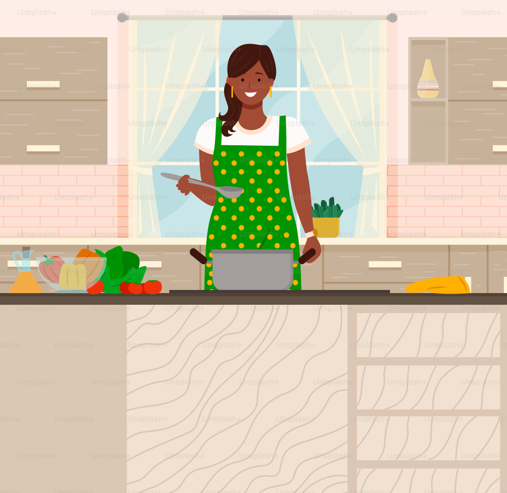Giovane donna che cucina insalata in cucina. Attività domestiche, pulizie, doveri quotidiani e faccende domestiche. La femmina nella stanza della cucina si trova vicino al tavolo e taglia le verdure con l'illustrazione vettoriale del coltello