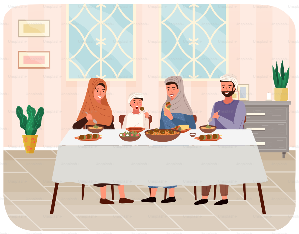 Famiglia indiana tradizionale felice in abito nazionale alla cena festiva in cucina a casa. Bambini e genitori che mangiano piatti nazionali insieme seduti al ristorante. Persone sorridenti al pasto di vacanza