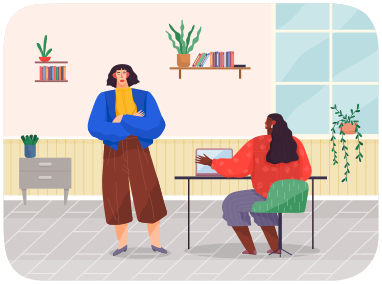 Office concept business people communicating about project at workplace. Emotional woman manager makes surprised gesture with her hands talking to chief. Lady boss standing at table folded her arms