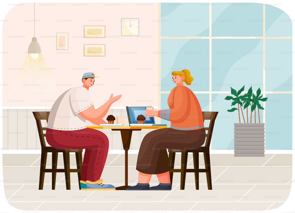Man and woman sitting at table with coffee in restaurant on meeting. Couple drink tea in kitchen at home, sitting at cozy table with opened laptop, watching video. Pleasant family tea party in evening