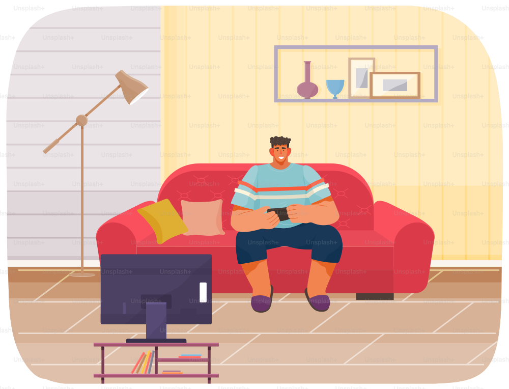 Guy playing on smartphone sitting on violet couch. Man relaxing at home alone. Living room interior design and furniture arrangement in apartment. Person with phone looks at screen of television