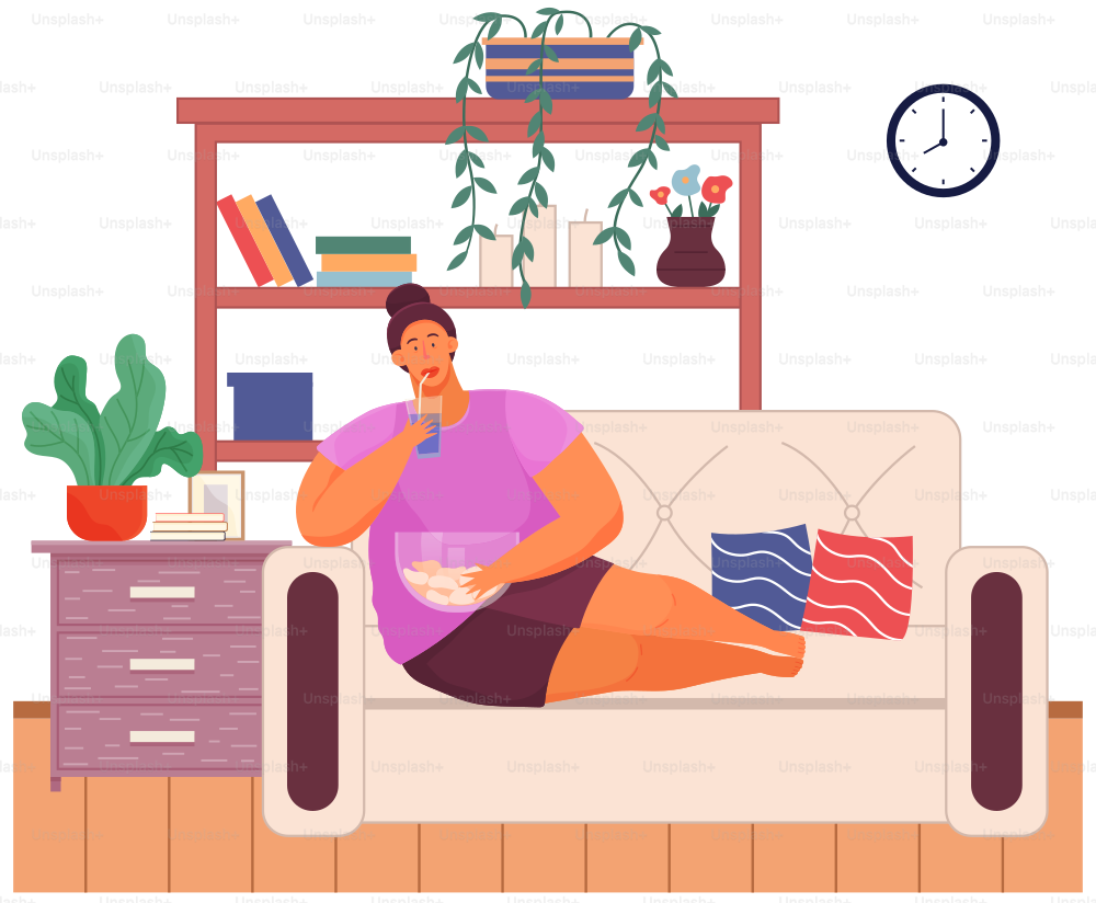 Overweight girl resting on sofa and has bad lifestyle. Plump woman eating fries, donuts, hamburger, sparkling water. Cartoon woman has health problems. Fat person eating junk food with lot of calories