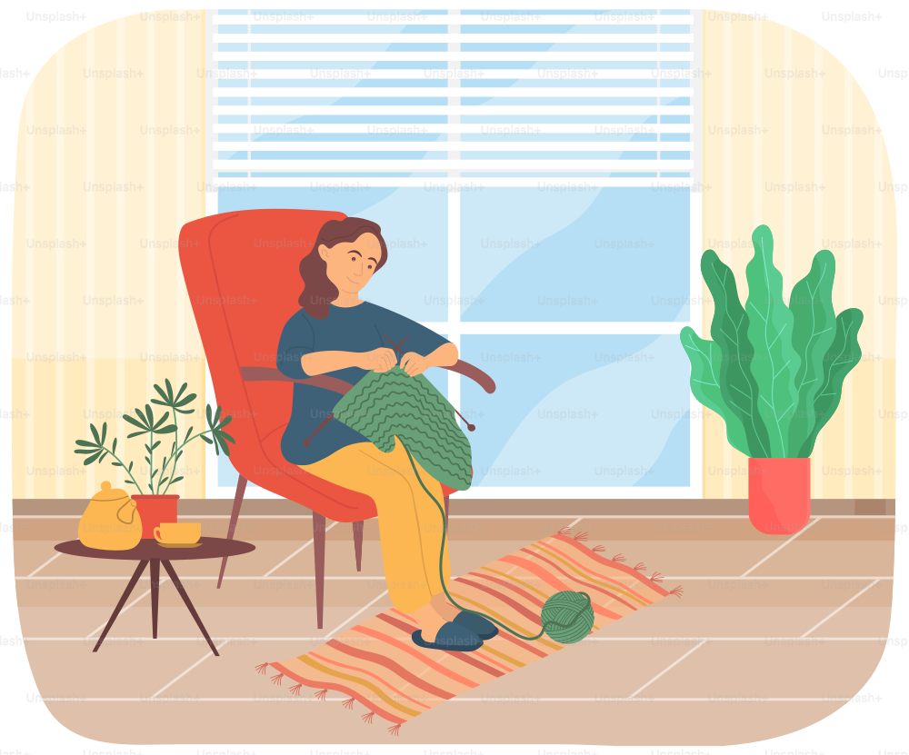 Woman knitting scarf in living room. Girl works with threads in ball. Female character sitting on chair with knitting needles in her hands. Person looks at hand-made product. Lady resting at home