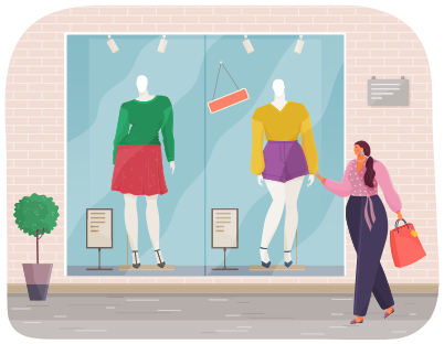 Woman is looking on dresses at mannequins at display window. Female buyer is choosing fashionable clothing. Professional shopping at marketplace. Girl with purchases is walking along boutique