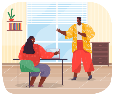 Communicating office workers. Woman is sitting at table with laptop and talking with colleague. Businesspeople discussing work, strategy, partners, employee, brainstorming of office employees