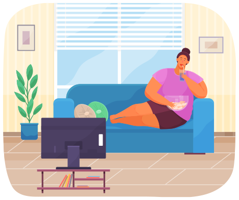 Overweight girl resting on sofa and has bad lifestyle. Plump woman eating fries, donuts, hamburger, sparkling water. Cartoon woman has health problems. Fat person eating junk food with lot of calories