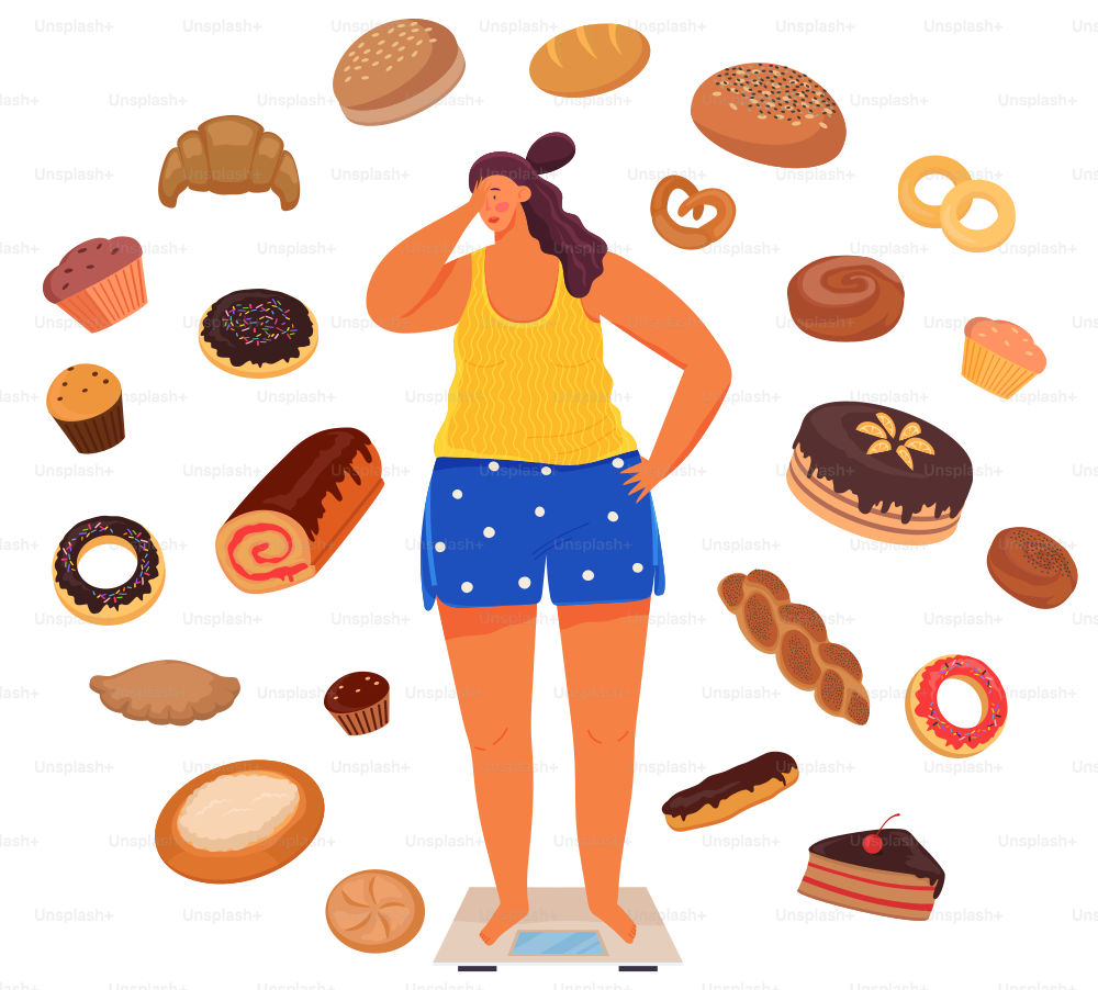 Young woman stands on scales and weights. Lady on diet wants to be slim. Person uses equipment, device to measure kilograms at home. Overweight girl on scales surrounded by pastries and junk food