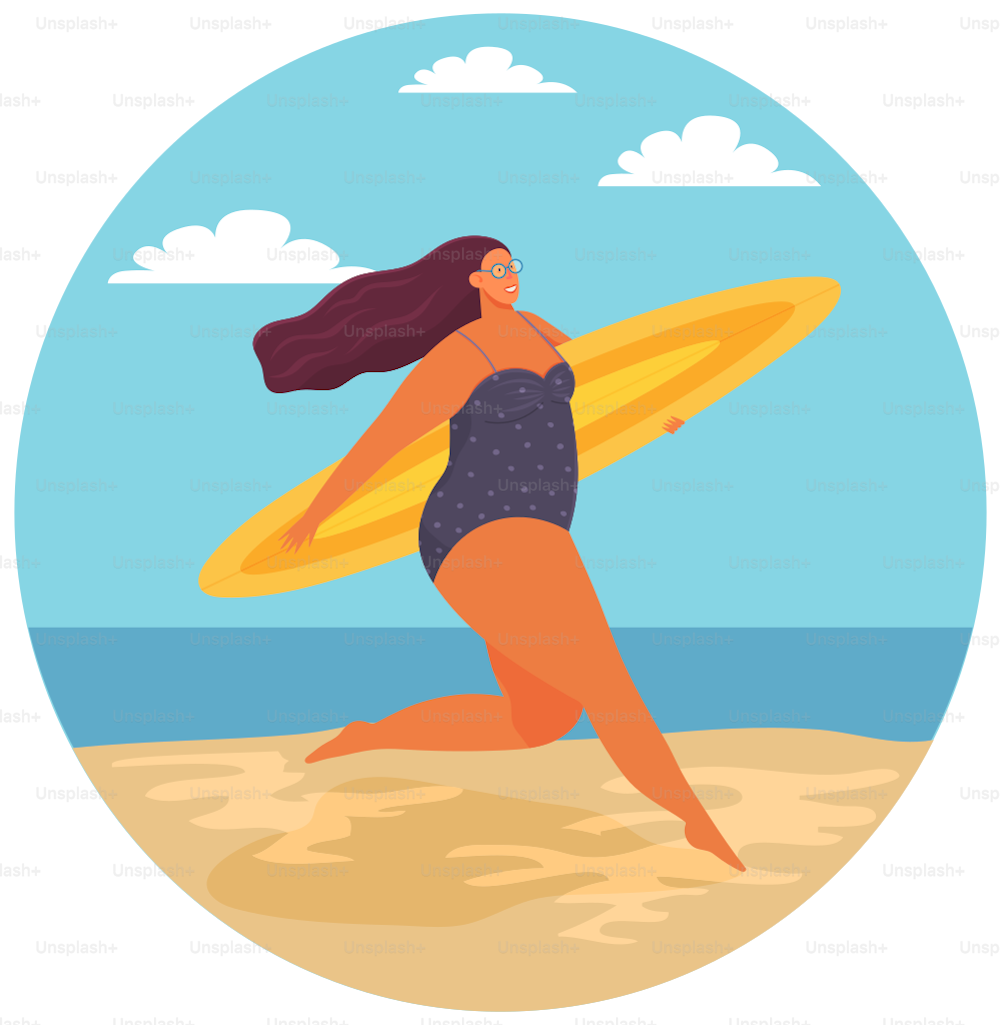 Plump girl running with surfboard. Rest in summer at sea. Fashionable types of water activities. Woman running on beach along coastline. Summer vacation concept. Person in swimsuit resting at resort