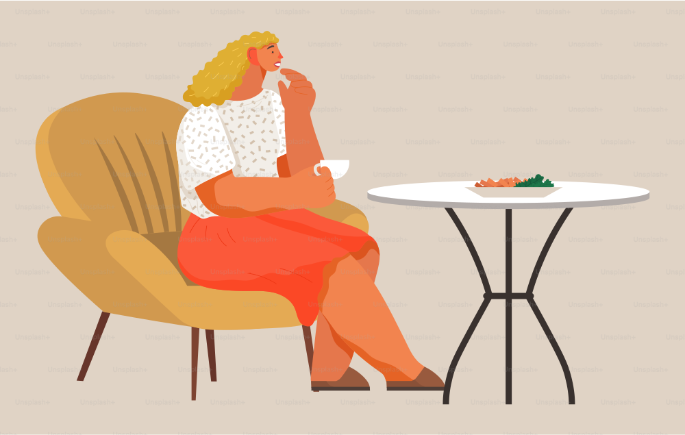 Tasty dinner at home vector illustration. Girl eating vegetable salad and drinking tea at home. Female character sitting on couch cartoon character. Healthy nutrition isolated on grey background