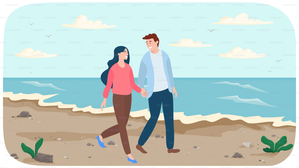 Characters are walking on shore. People on date spending time together on beach. Young couple in relationship walks by handle near ocean bank. Guy and girl communicate and relax on coastline in summer
