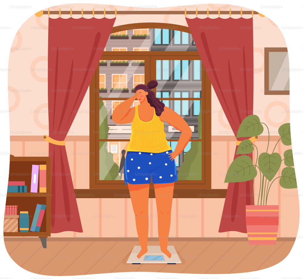 Young woman stands on scales and weights. Lady on diet wants to lose weight. Person uses equipment, device to measure kilograms at home. Overweight girl ashamed of her weight vector illustration