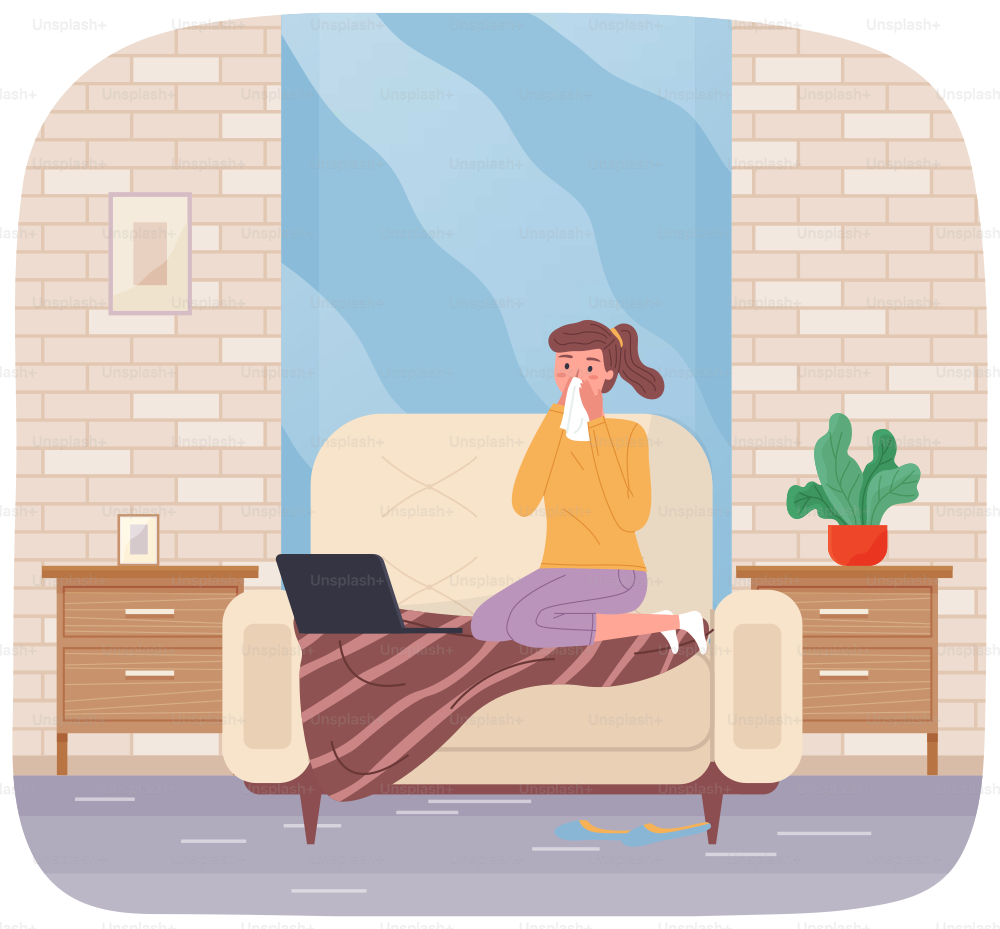Sick girl on self-isolation at home is working freelance. Woman with flu is suffering from runny nose. Female character having cold is sitting on sofa with laptop. Health care and home treatment