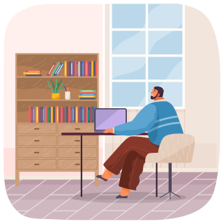 Businessman at his desk working on laptop computer. Man sitting at computer and doing tasks. Guy is working remotely at workplace. Male character spending time in office vector illustration