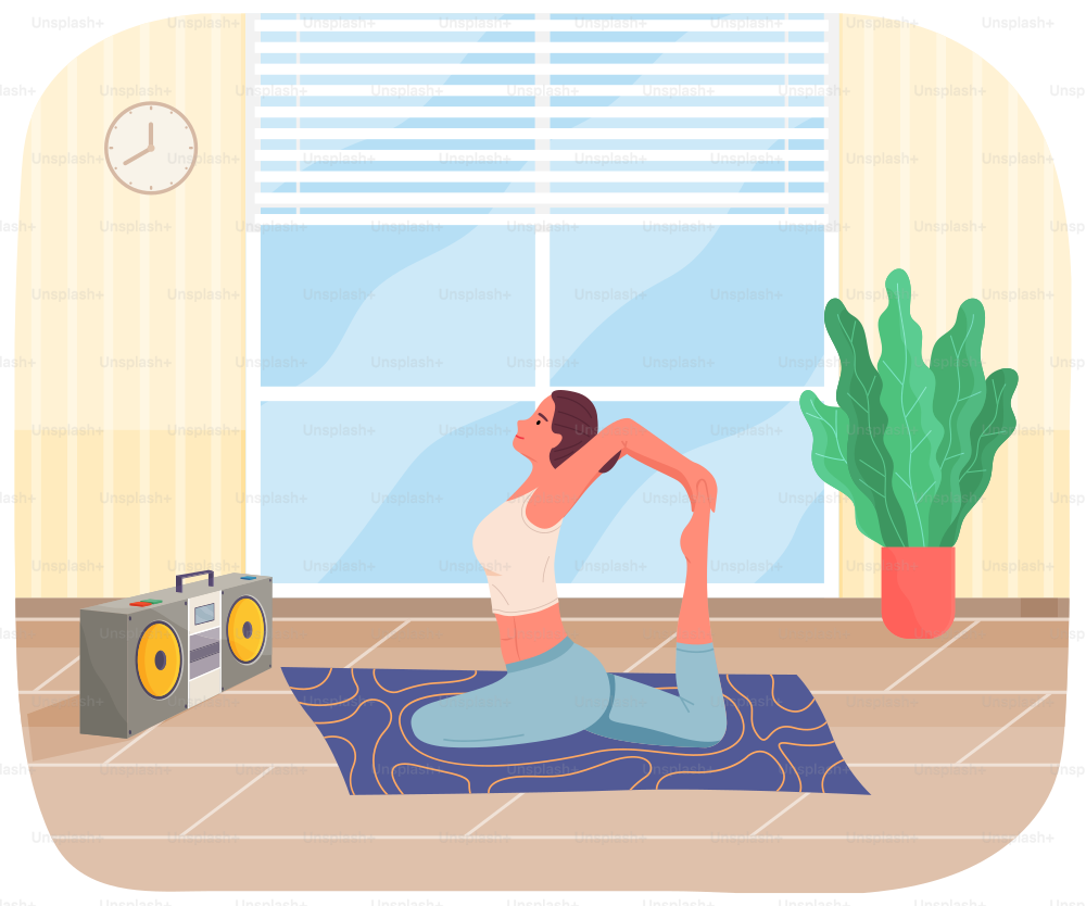 Woman is exercising yoga at home. Meditation practice vector illustration. Breathing exercise workout. Healthy lifestyle concept. Girl is doing stretching exercise with music in her apartment