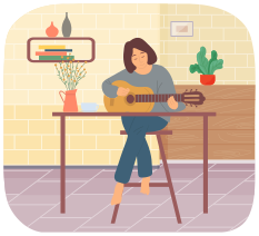 Mujer pasando tiempo en casa. Guitarrista con instrumento acústico. Interior de la habitación con plantas, estanterías y libros. La chica toca la guitarra y crea música. Persona toca cuerdas ilustración vectorial