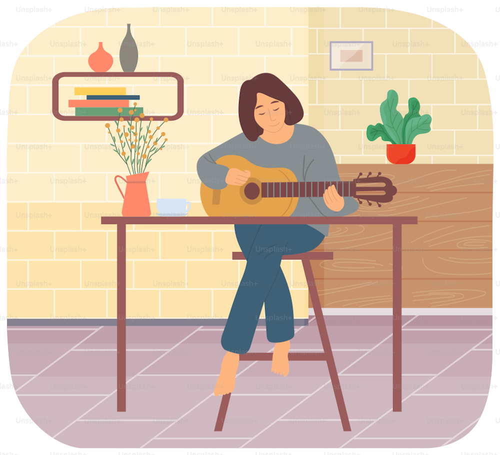 Woman spending time at home. Guitarist with acoustic instrument. Room interior with plants and shelves and books. Girl plays guitar and creates music. Person plays strings vector illustration