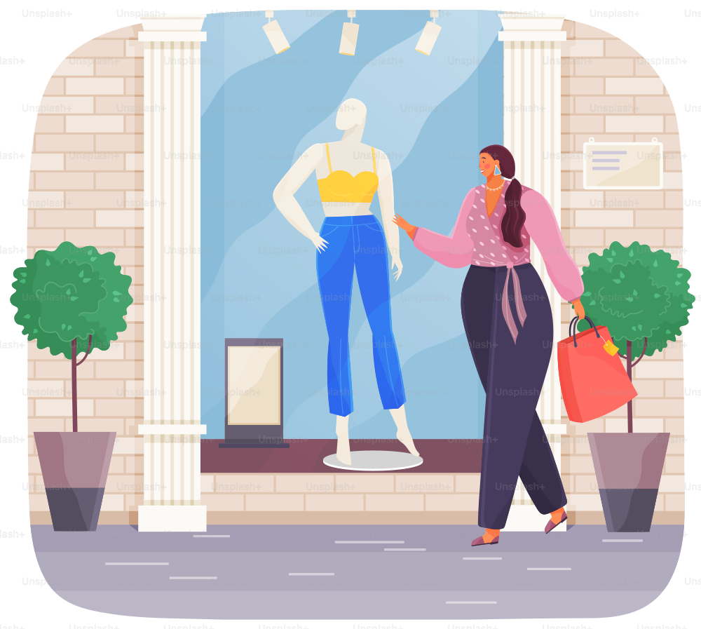Plump woman with package looks at shop window with dummy. Overweight woman dreams of health and athletic body. Girl thinks about healthy lifestyle. Fat person on background of store with clothes