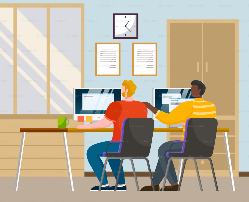 Young men sitting at a table working on the computers together in office, programmers teamwork, business analysis, design, strategy. Flat vector cartoon illustration. Man is working at his laptop