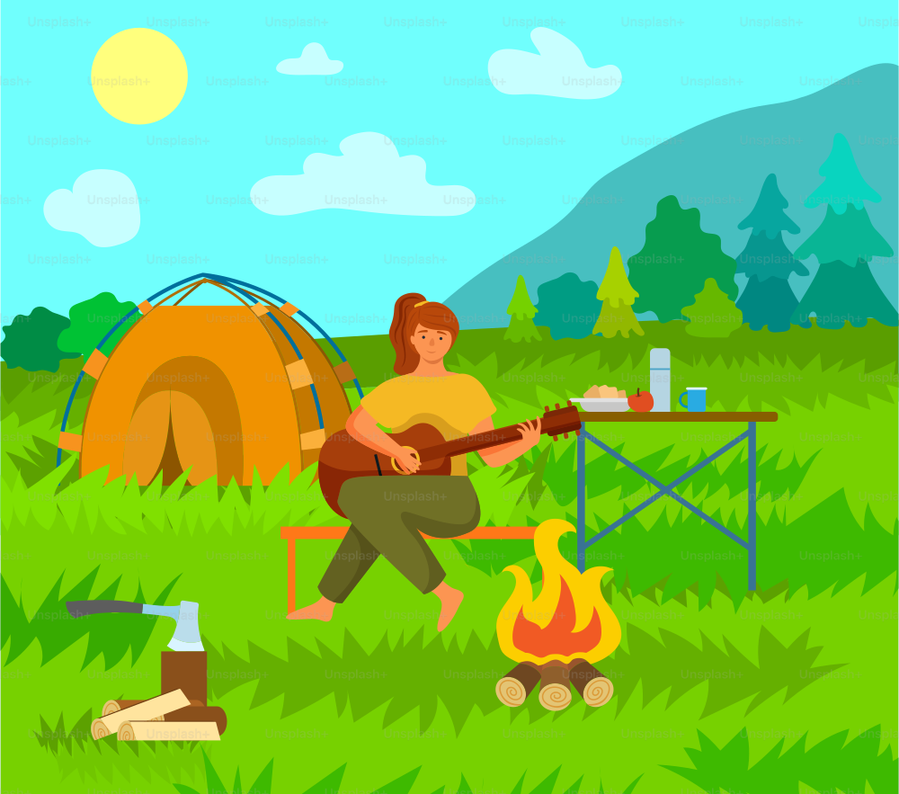 Woman is playing the guitar sitting on the bench in summer campsite near bonfire and tent outdoor with natural landscape. Person is fond of creativity sings songs, relaxes on vacation, hobby time