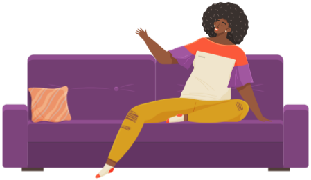 Woman lying on sofa in apartment. Happy young girl relaxing, dreaming. Rest on couch and think about something. Home leisure. Female lies on divan and smiles, enjoying time at home after work