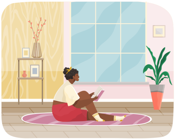 Girl sits at home and reads. Woman with book in her hands spending time in apartment. Female character is reading and resting after work. Sits on floor and studies book. Leisure, pastime at home