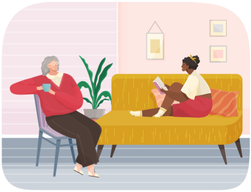Women are talking together. Grandmother and granddaughter communicating, having conversation at home. Female characters relaxing and spending time together. Girl reads book, elderly woman drinks tea