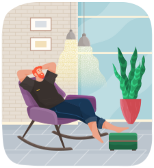 Man lying on sofa in apartment. Happy young guy relaxing, dreaming. Rest on couch and think about something. Home leisure. Male character lies on divan and smiles, enjoying time at home after work