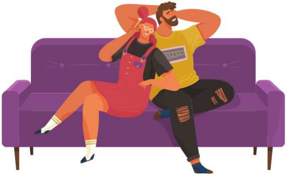 カップルはソファに座って休んでいます。恋愛関係にある人は家で時間を過ごし、リラックスします。笑顔で恋をするキャラクターたちがコミュニケーションをとっています。ガイと彼女の二人がソファに一緒に座っている