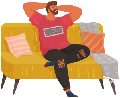 Man lying on sofa in apartment. Happy young guy relaxing, dreaming. Rest on couch and think about something. Home leisure. Male character lies on divan and smiles, enjoying time at home after work