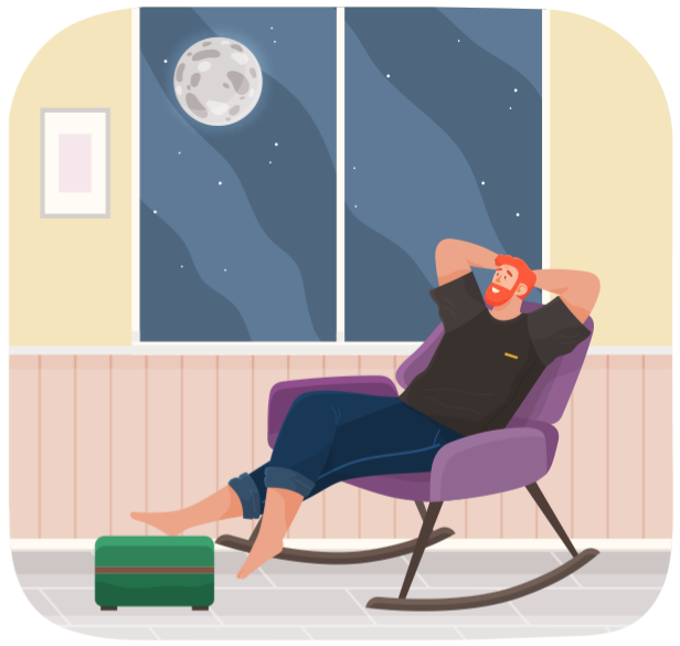 Man lying on sofa in apartment. Happy young guy relaxing, dreaming. Rest on couch and think about something. Home leisure. Male character lies on divan and smiles, enjoying time at home after work