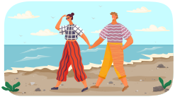 Los personajes descansan cerca de la orilla del océano. Personas en citas que pasan tiempo juntas en la playa. Pareja joven en relación se abraza y mira al mar. Chico y chica se comunican y se relajan en la costa en verano