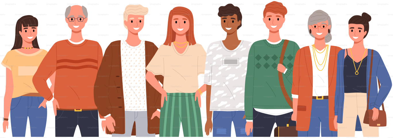 Grupo internacional de personas, jóvenes y mayores, aisladas en blanco. Generaciones, hombre y mujer. Etapas del desarrollo: juventud, madurez, vejez. Retrato colectivo, trabajo en equipo, colaboración