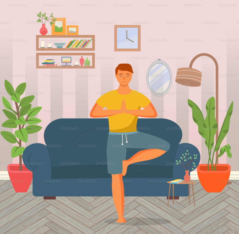 Man doing yoga at home. Young happy man standing in a tree pose in living room. Athletic male character taking care of his health, leads a healthy lifestyle, doing relaxation exercises, gets energy