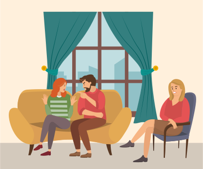 Probleme mit familiären Beziehungen. Gespräch zwischen Mann, Frau und weiblicher Psychologin oder Psychotherapeutin. Ein paar Leute streiten. Wütender Mann schreit das Mädchen an. Das Mädchen hebt empört die Hände