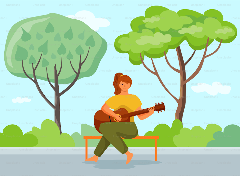 Woman is playing the guitar sitting on the bench. The musician in city park with natural landscape. Female character makes music outdoor. Person is fond of creativity sings songs, hobby time relaxing