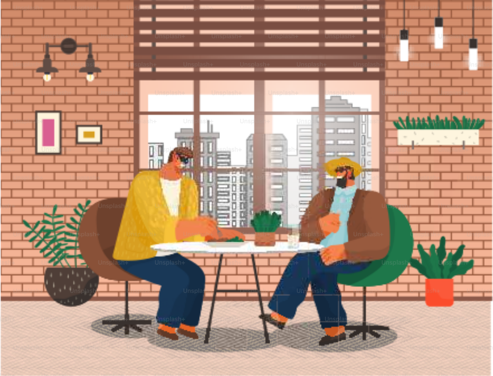 Two men friends sitting at a table eating in a restaurant illustration. Stylish male characters having lunch in bar with loft style interior with brick wall. Business partners has dinner in a cafe