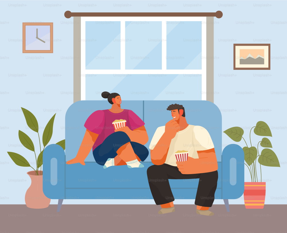 Couple woman and man at home sitting on sofa, watching movie and eating popcorn together. Male and female character are relaxing together, watching interesting movies with snacks in their apartment