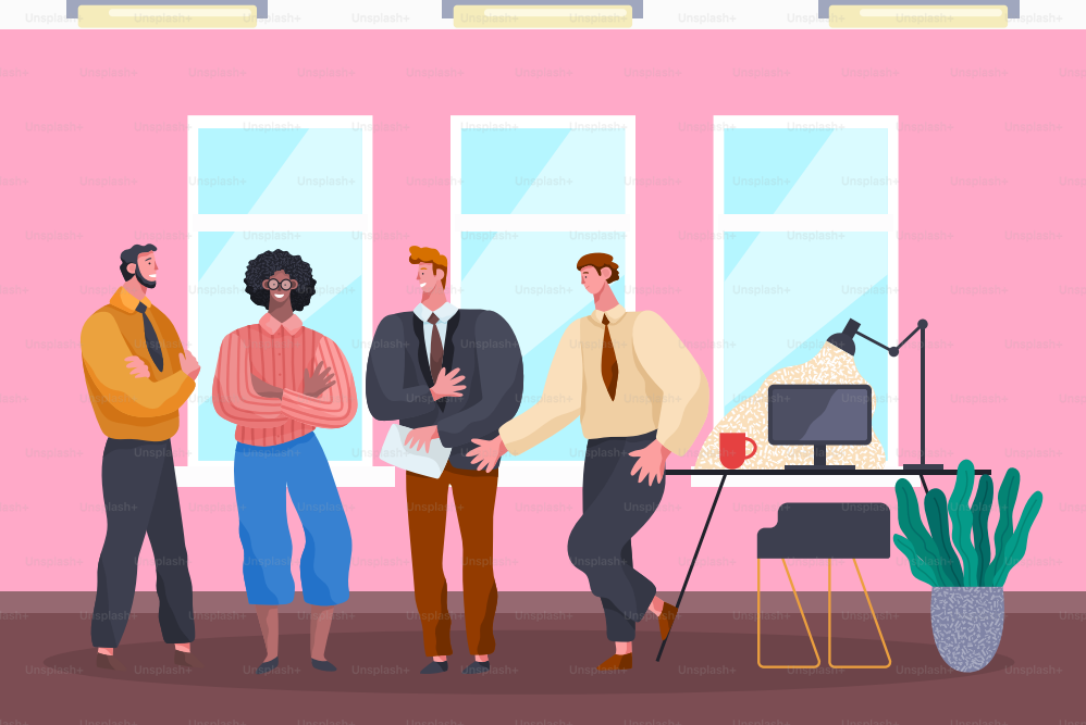 Reunión de negocios, comunicación de colegas, mezcla de hombres de raza, empresarios permanentes, socios discuten nuevos proyectos o startups entre sí, trabajo en equipo de empresarios, conversación de trabajadores de oficina ejecutiva