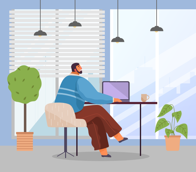 Office worker at the table with a laptop. Businessman or a clerk working at his office workplace flat style illustration. Bearded man enterpreneur performs work on a computer uses the internet