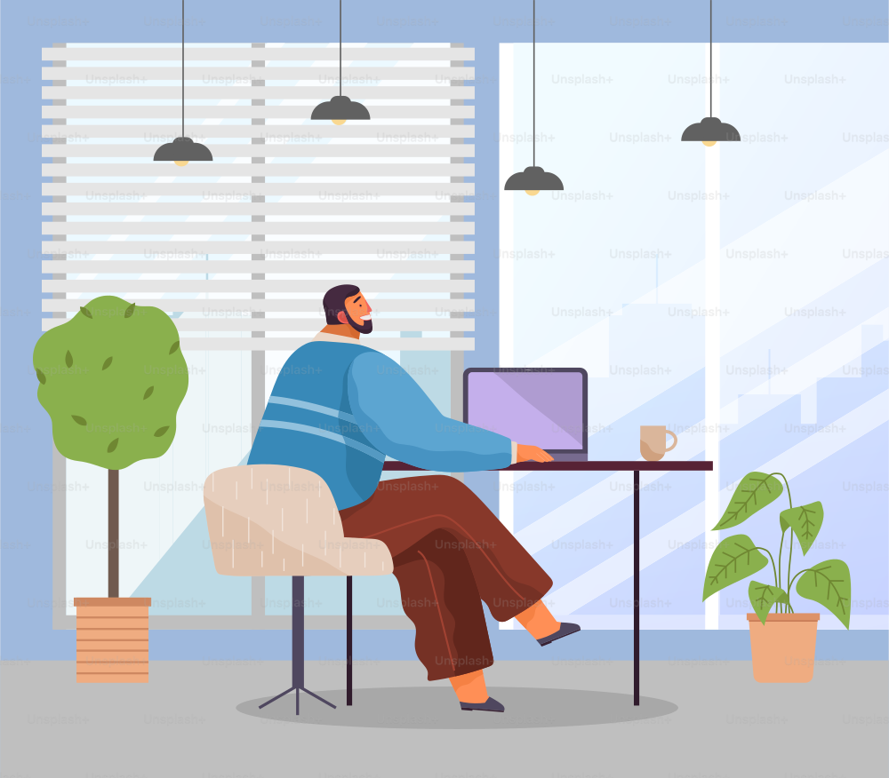 Office worker at the table with a laptop. Businessman or a clerk working at his office workplace flat style illustration. Bearded man enterpreneur performs work on a computer uses the internet